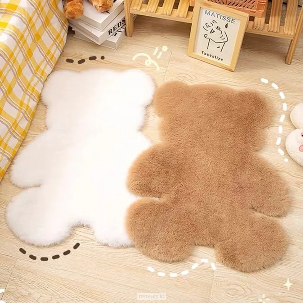 faux fur bear shaped rug in brown and white