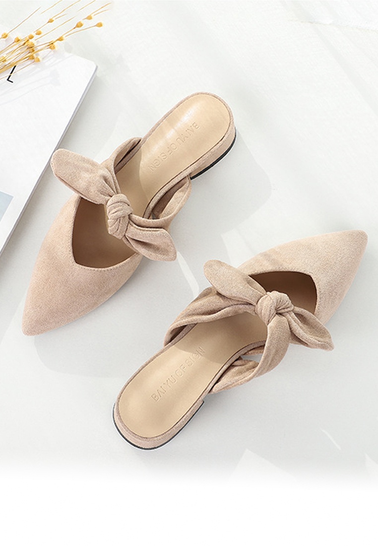 nude pointed slip on low heels with bow detail