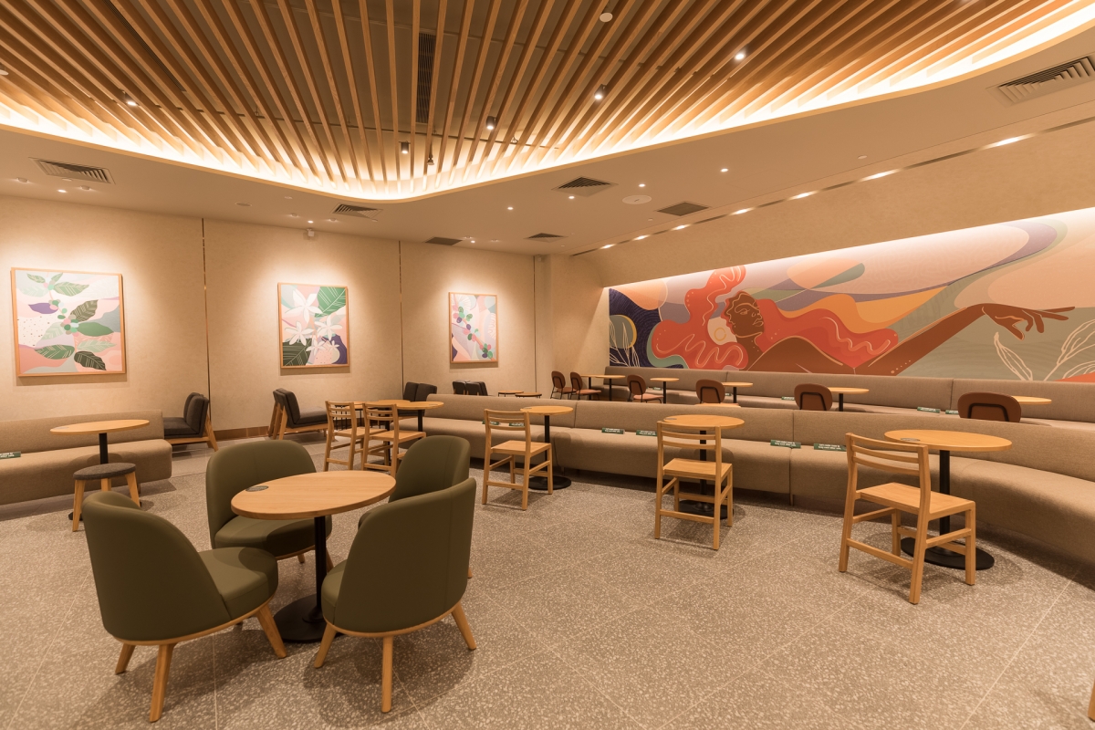 inside Starbucks vivocity seats art