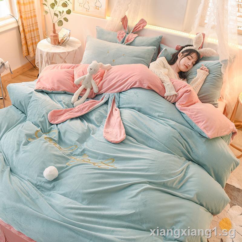 velvet blue and pink bed sheets with bunny ears