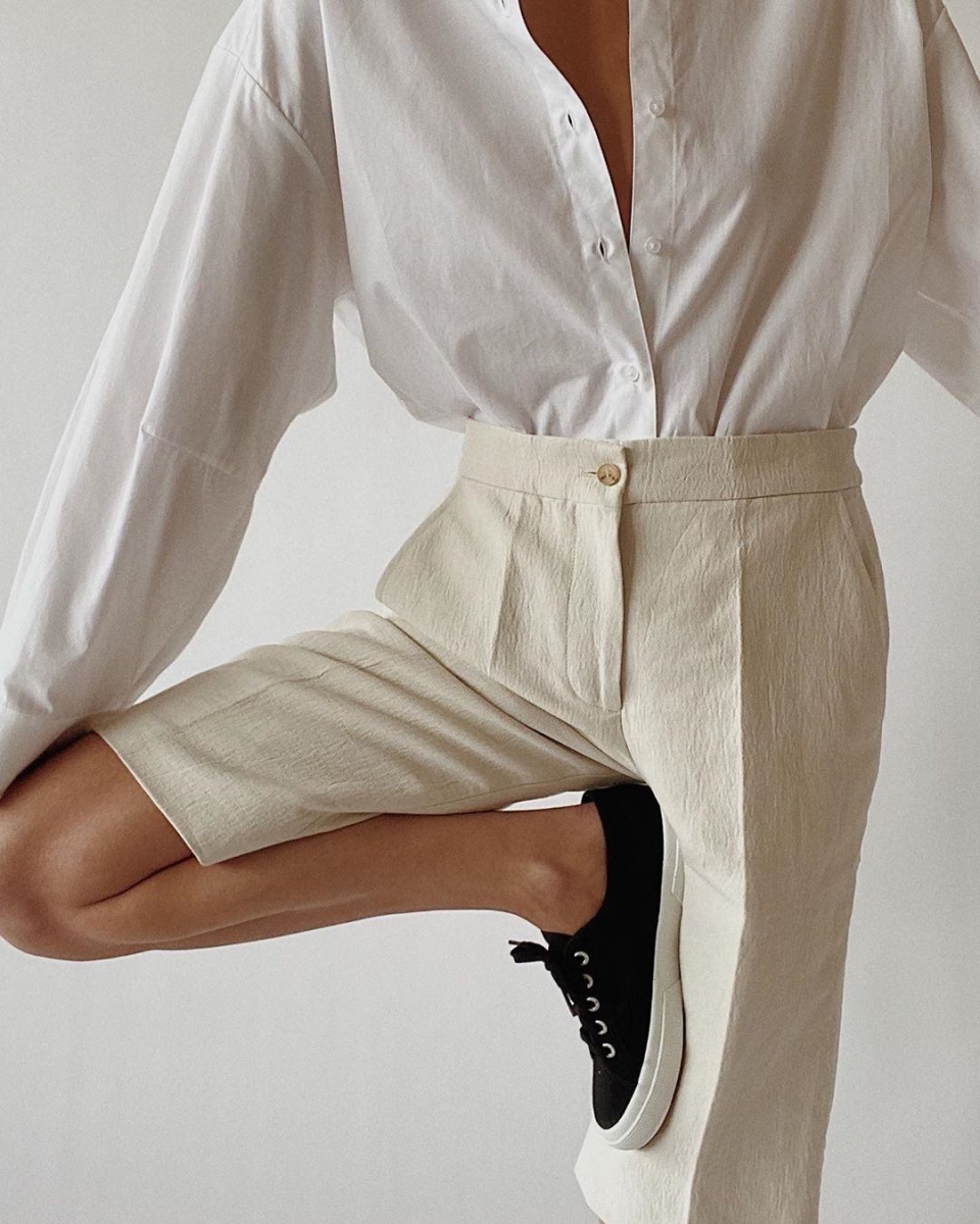 Superga 2750 Black with white shirt and cream trousers