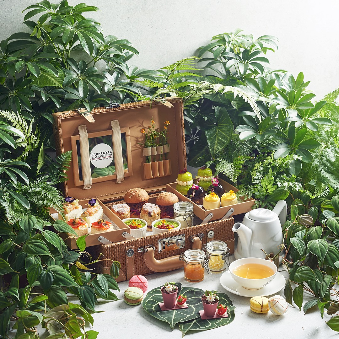 atrium lounge garden-themed afternoon tea in a basket