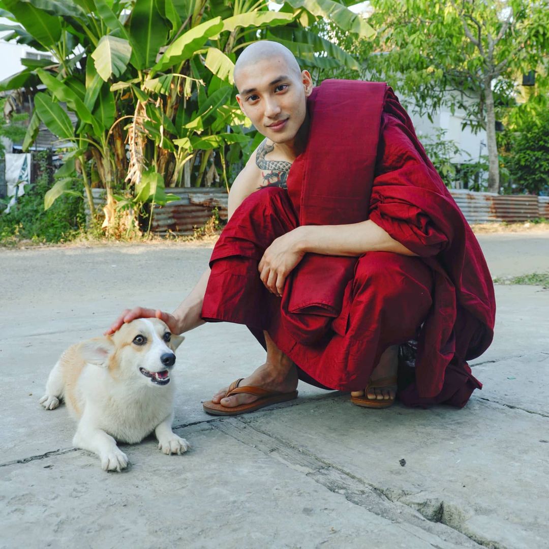 paing takhon dressed a monk with shaved head petting dog
