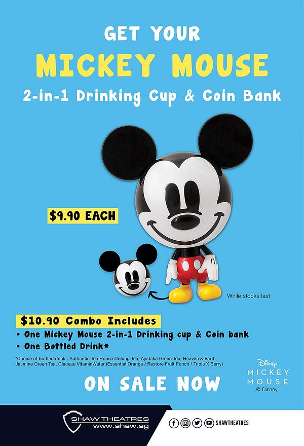 Shaw Theatres Mickey Mouse drinking cup and coin bank poster