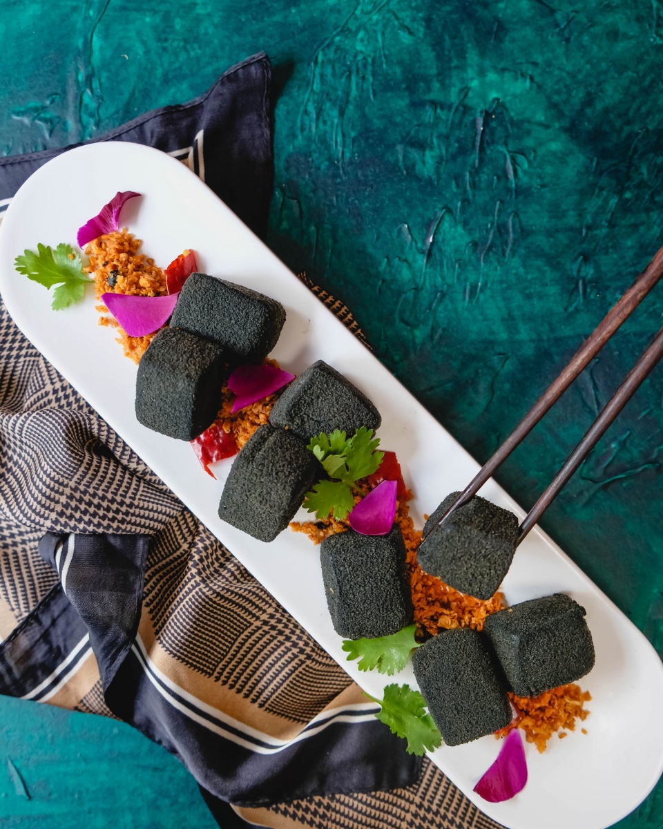 black Crispy Charcoal Tofu on garlic