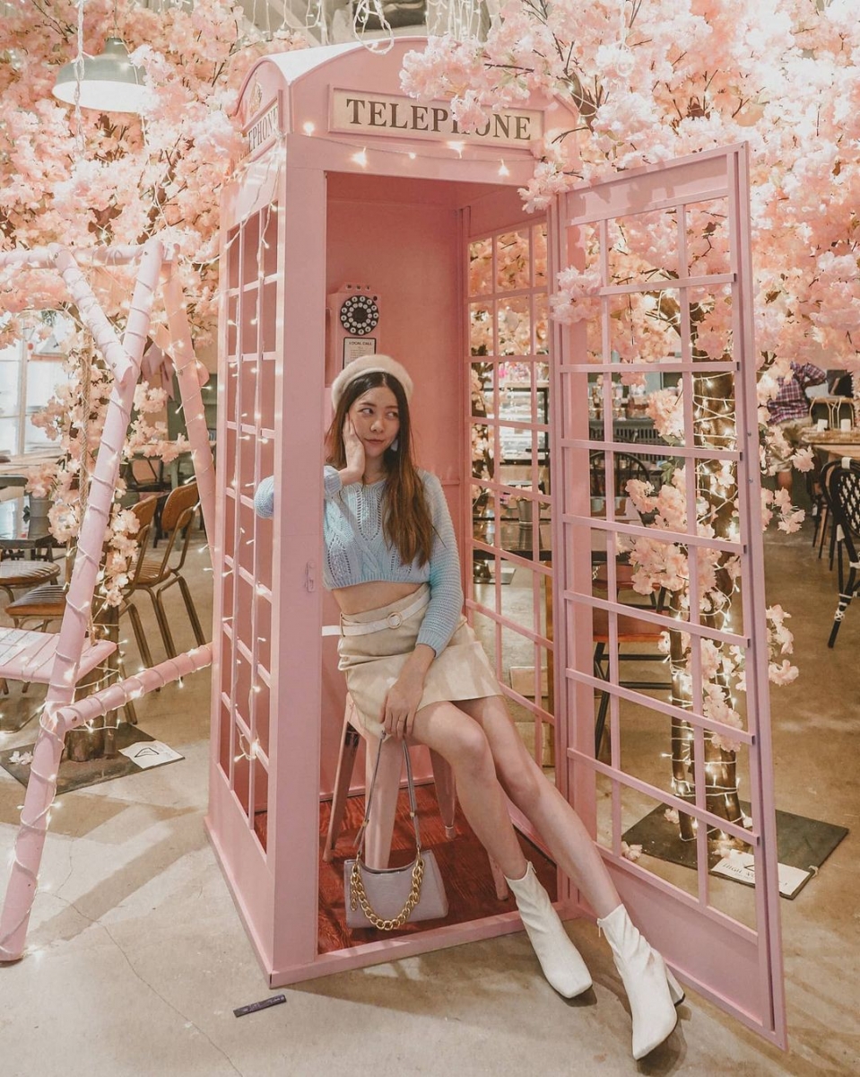 brown butter cafe sakura pink phone booth
