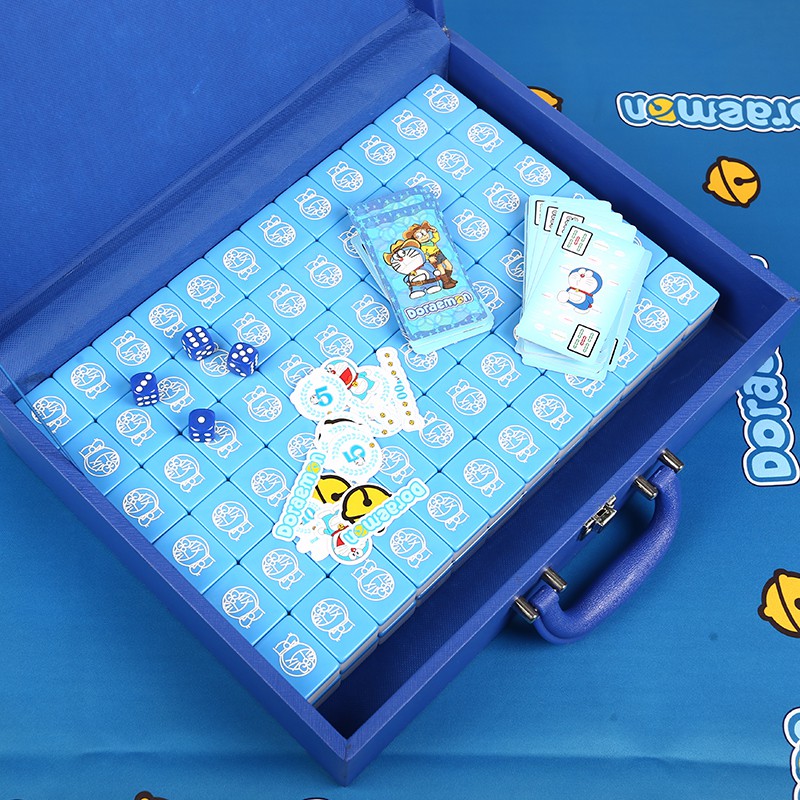 blue doraemon mahjong set in case with dice and cards