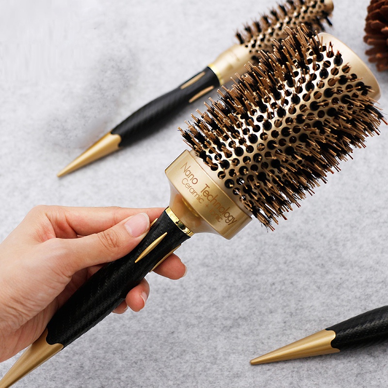 Round Ceramic Boar Bristle Brush in gold and black