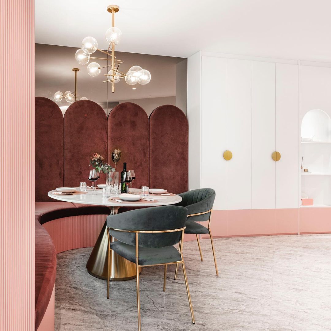 velvet pink and blue with gold breakfast dining nook in singapore