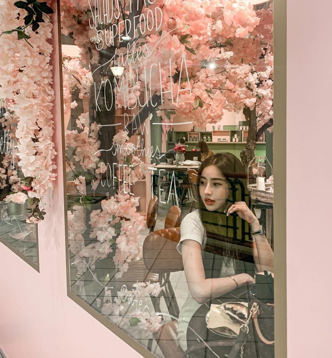 brown butter cafe with pink sakura trees