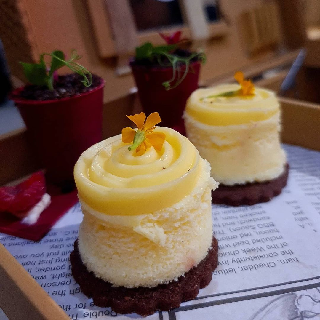 lemon cake and flower pot dessert afternoon tea