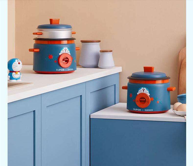 Doraemon rice cookers on blue kitchen counters