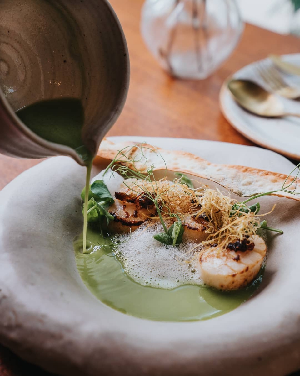 Hathaway at Dempsey Hill Seared Scallops Genmaicha Pea Puree
