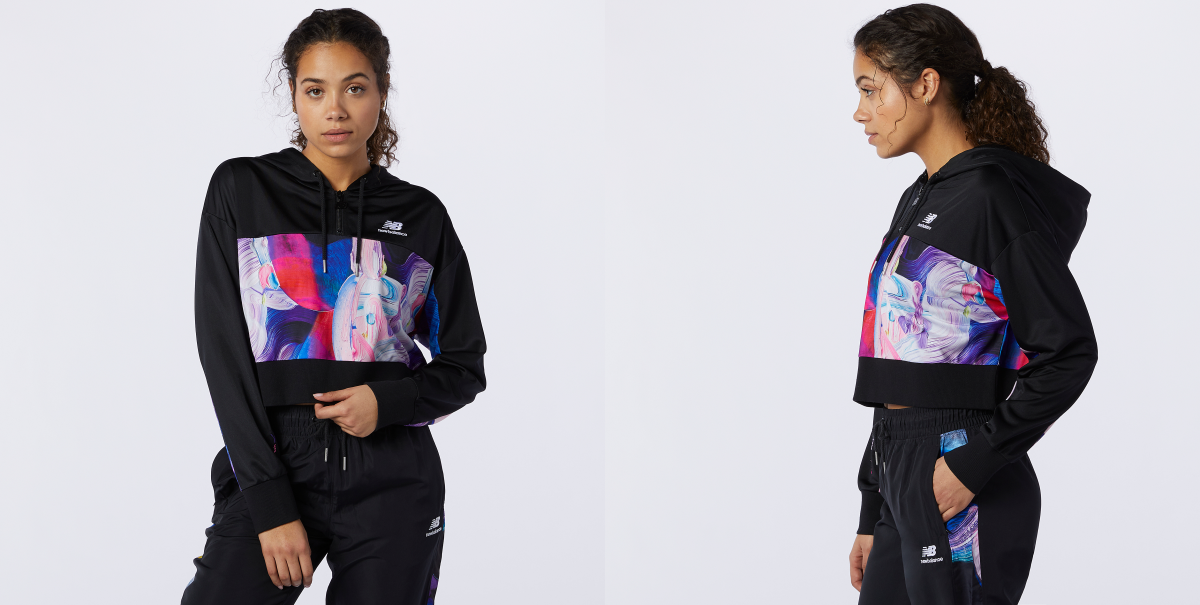 black new balance cropped hoodie with colourful panel
