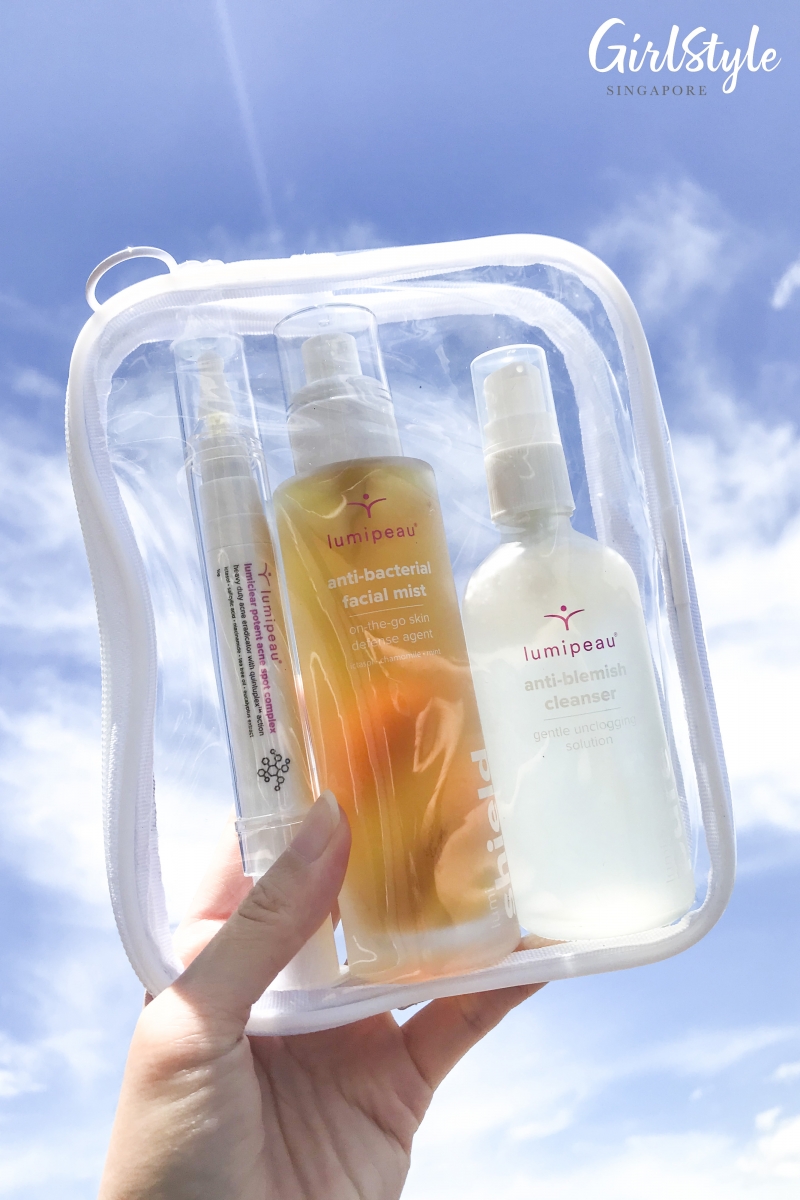 lumipeau cleanser, facial mist and acne spot treatment in pouch