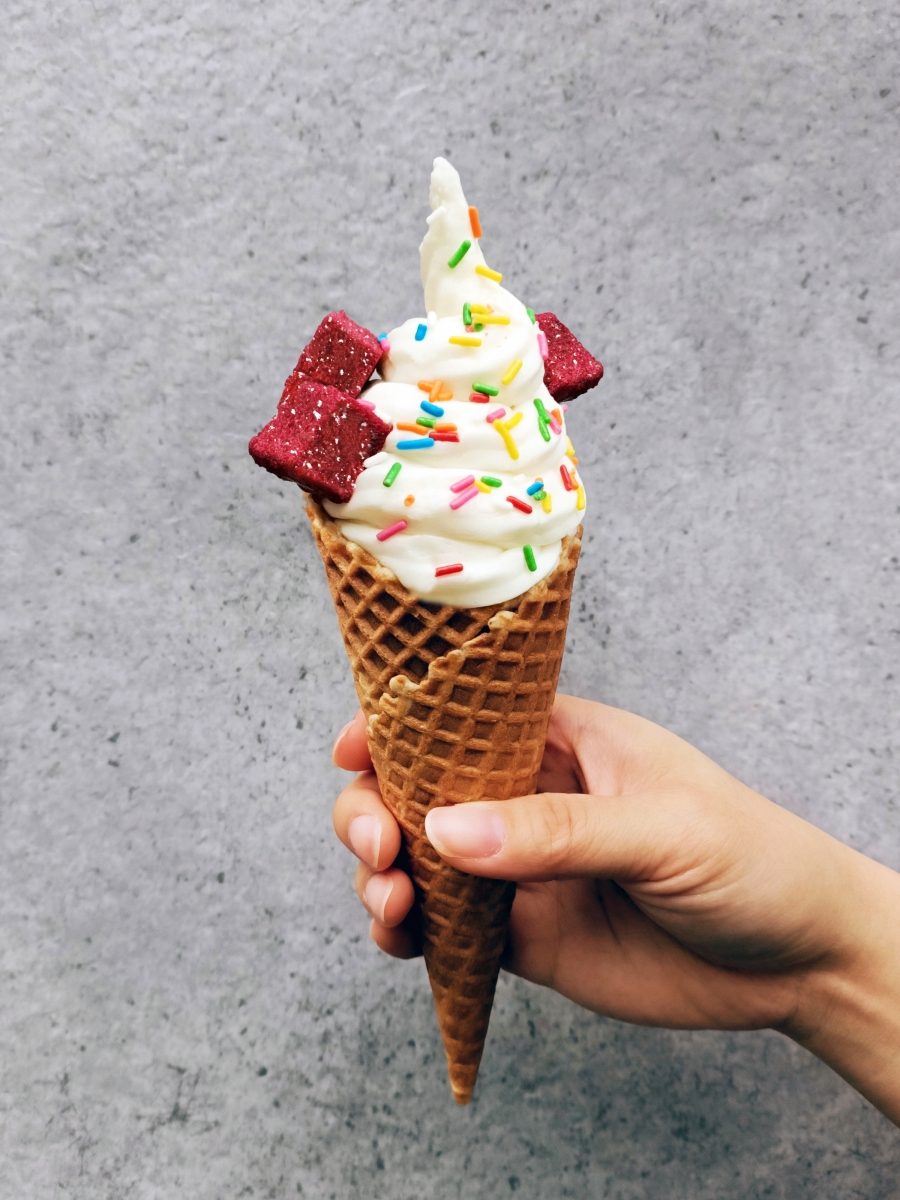 Red velvet soft serve ice cream on cone