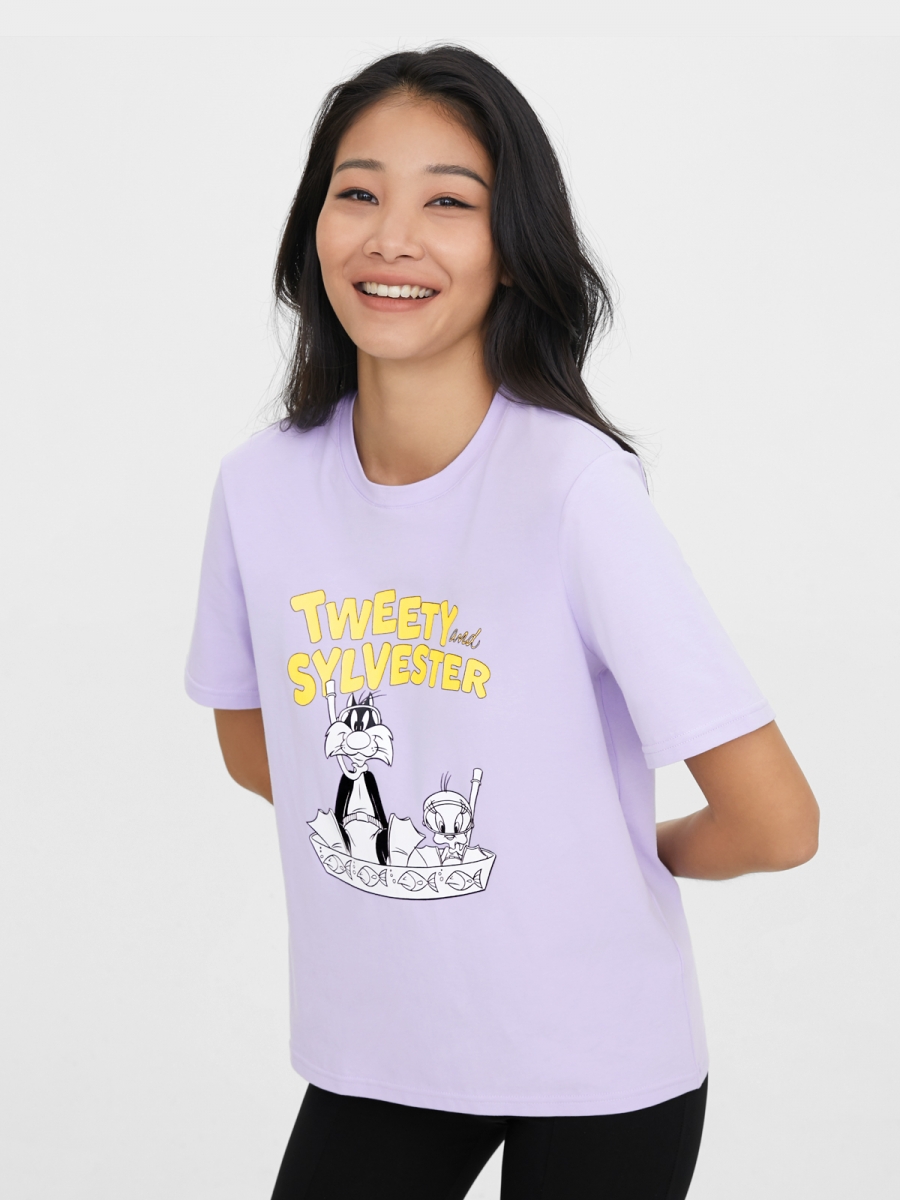 Looney Tunes Tweety and Sylvester Graphic Tee - Lilac close up on model