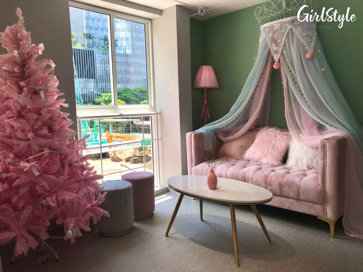 daybed and pink christmas tree at smile dessert cafe bugis singapore