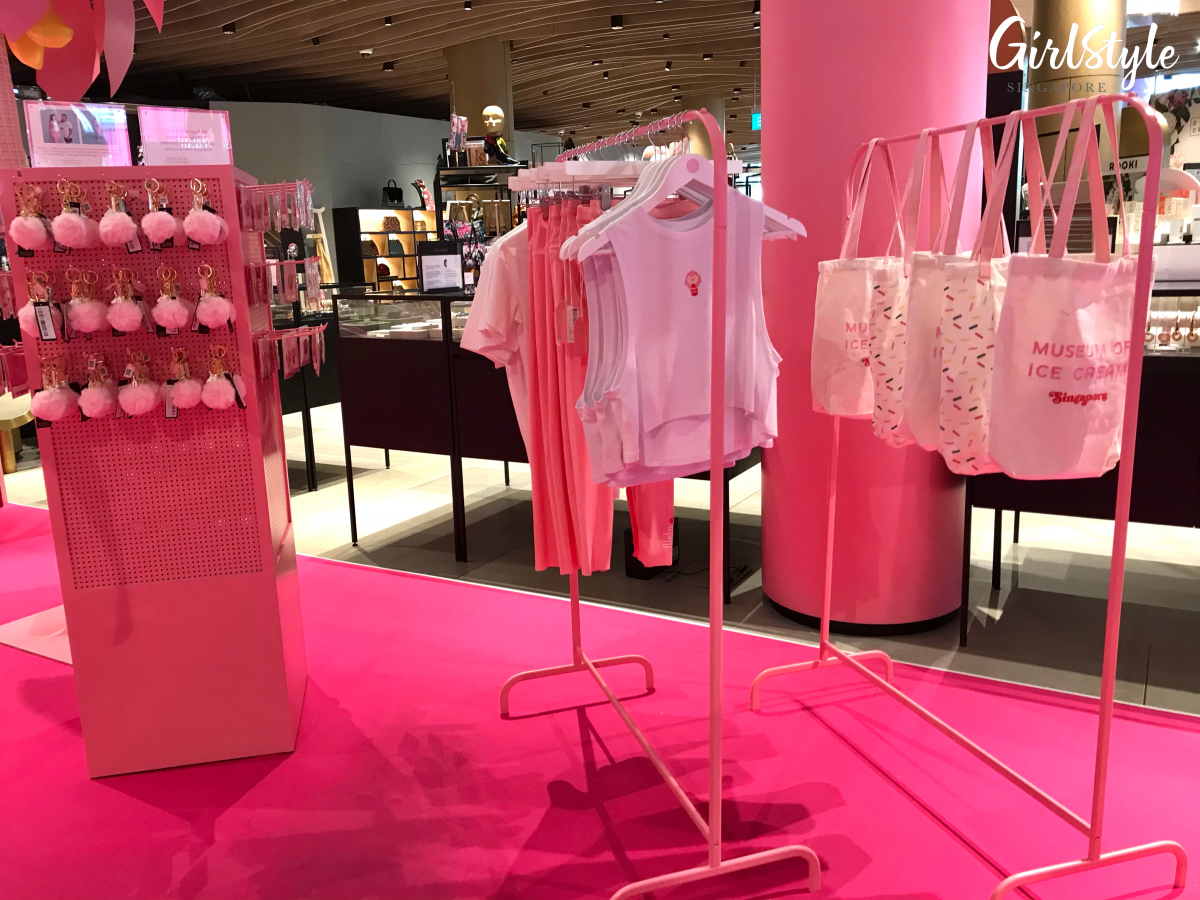 tote bags and clothes at design orchard pink retail showcase museum of ice cream singapore