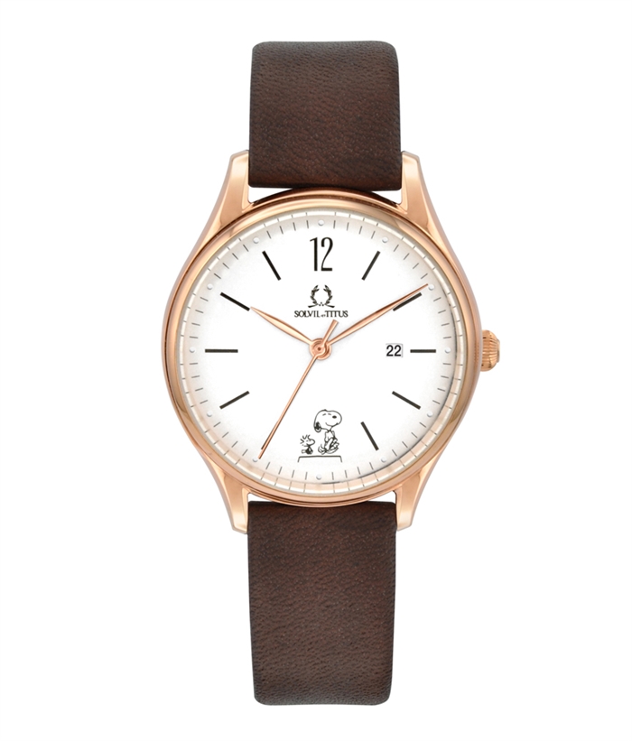 SOLVIL ET TITUS X PEANUTS 3 HANDS DATE QUARTZ LEATHER WOMEN WATCH in brown