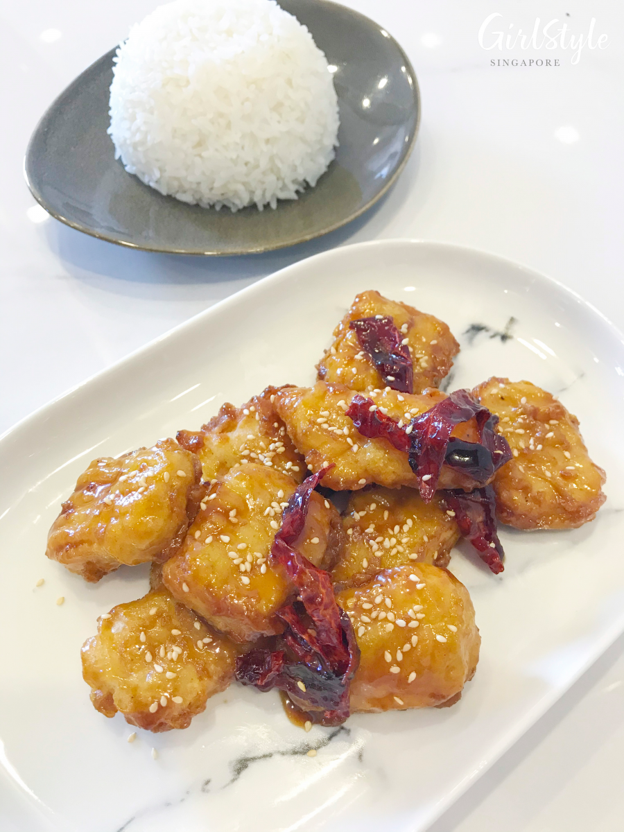 gourmet chicken nuggets with korean sweet spicy sauce and rice
