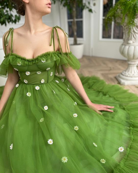 teuta matoshi green ruffle dress with embriodered daisies