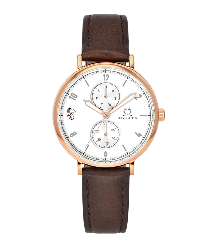 SOLVIL ET TITUS X PEANUTS MULTI-FUNCTION QUARTZ LEATHER WOMEN WATCH in brown