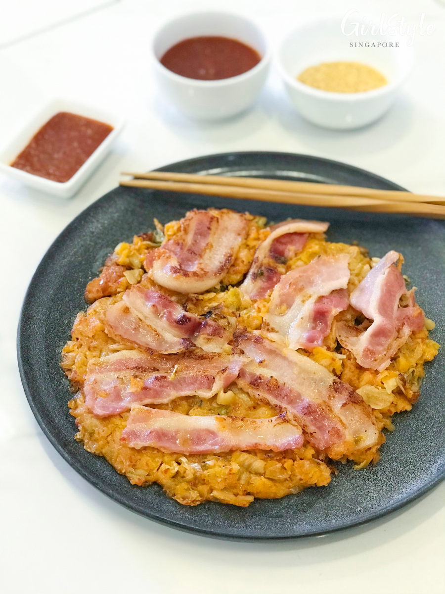korean pancake with kimchi and gourmet streaky bacon back bacon