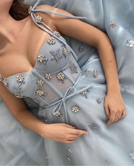 teuta matoshi dress Seafoam blue, crystalline stars and diamanté flowers