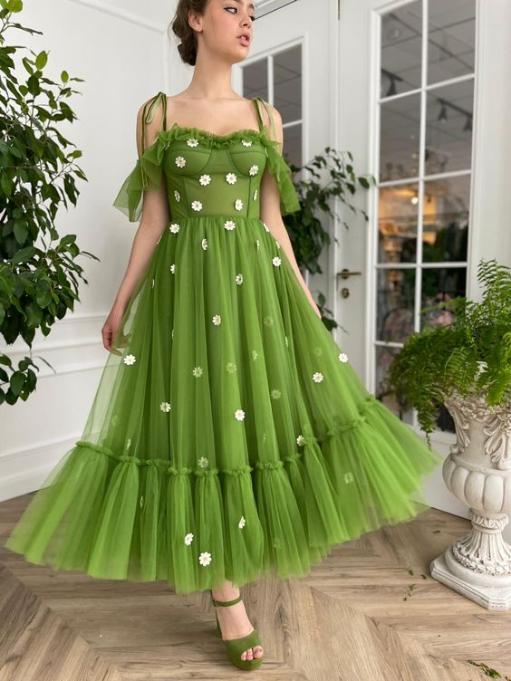teuta matoshi green ruffle dress with embriodered daisies