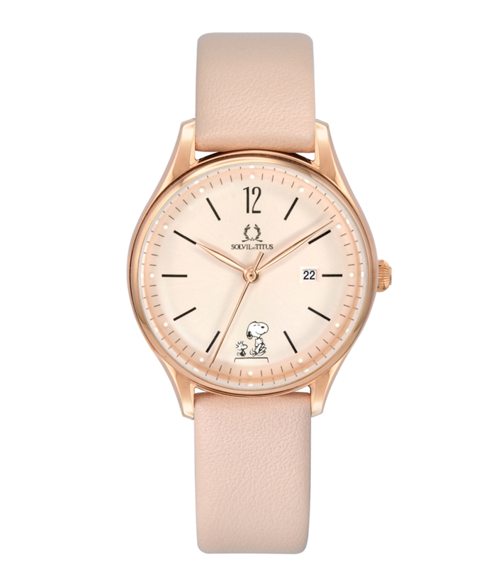 SOLVIL ET TITUS X PEANUTS 3 HANDS DATE QUARTZ LEATHER WOMEN WATCH in pink
