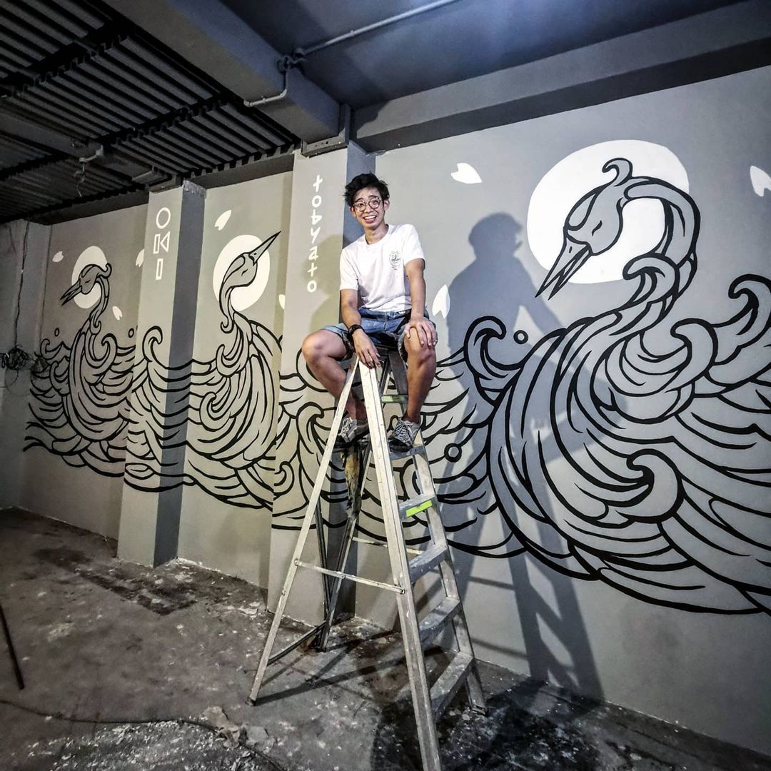japanese wave wall mural at IKO Restaurant & Bar
