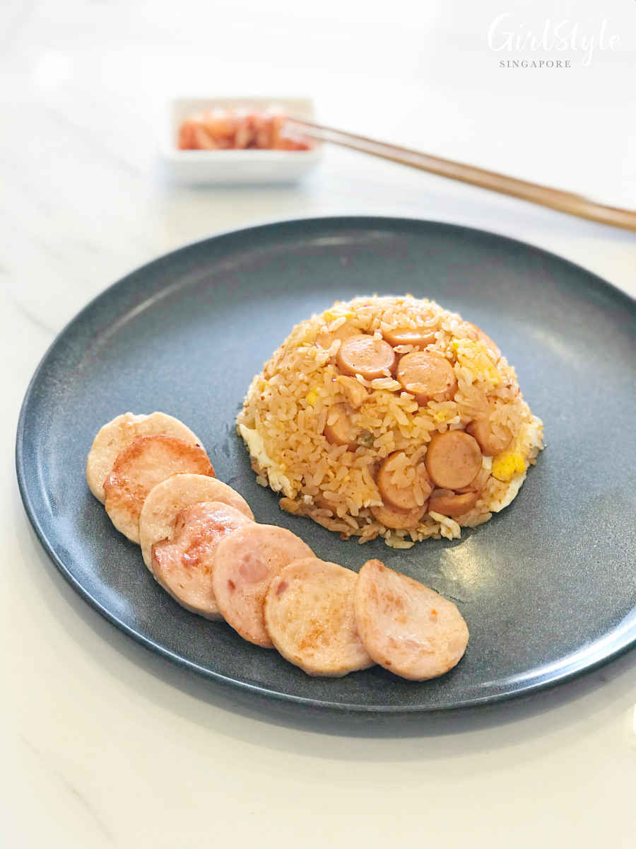 korean fried rice with kimchi and gourmet chicken sausages rolls