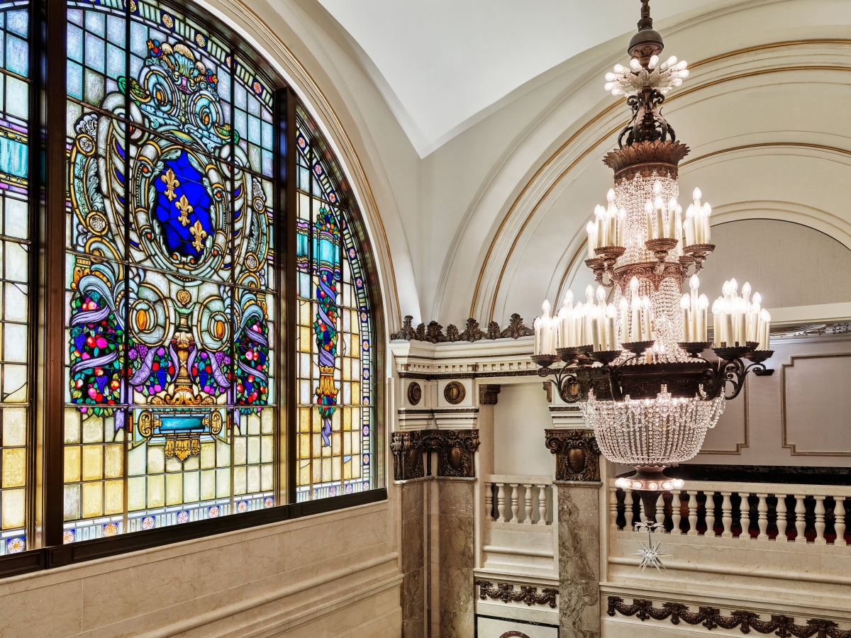 Apple Tower Theatre stained glass and chandelier