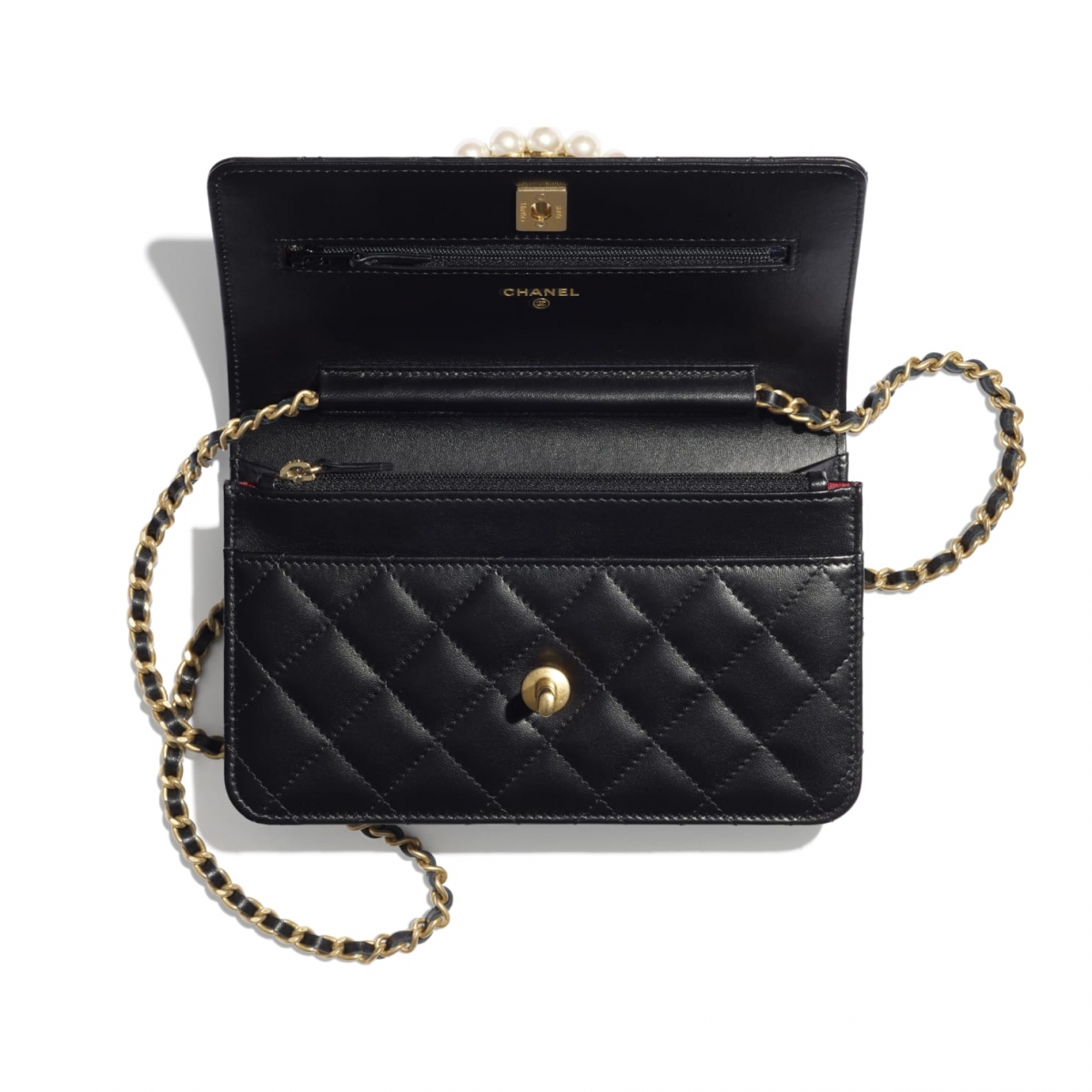 chanel black lambskin wallet on chain with pearls