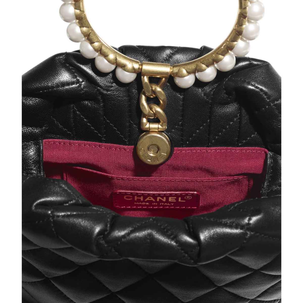 chanel black lambskin clutch with pearls ring