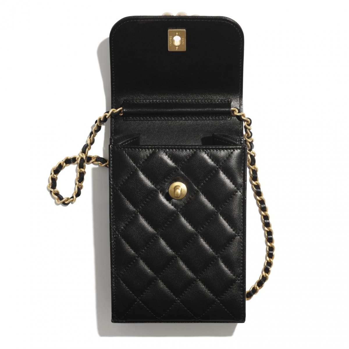 chanel black lambskin clutch bag with chain and pearls