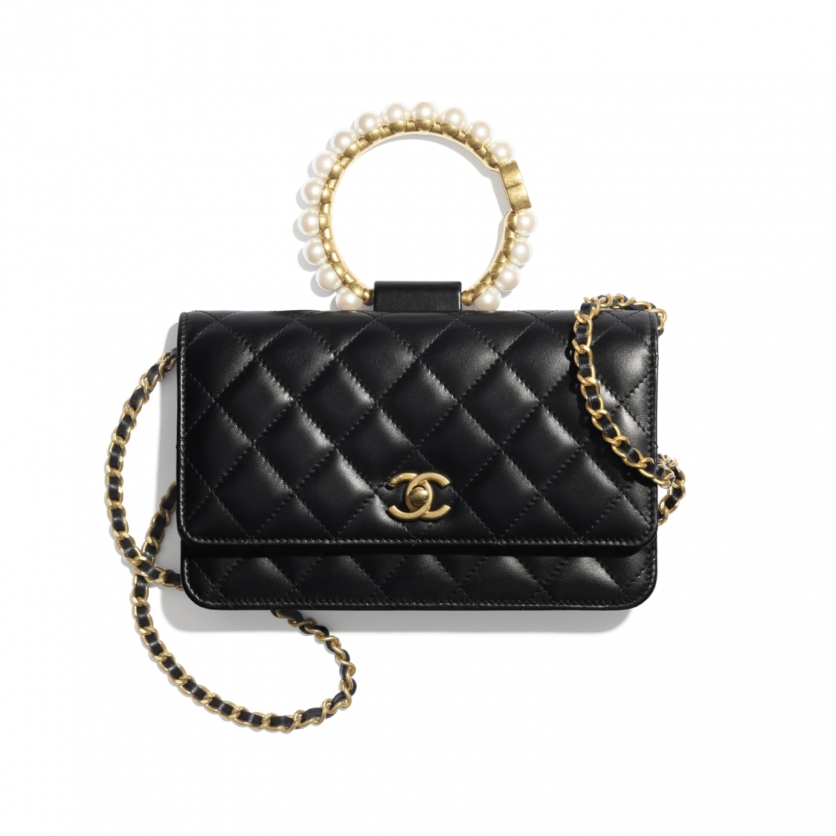 chanel black lambskin wallet on chain with pearls
