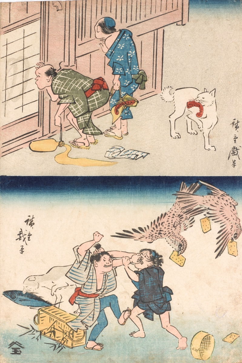 Utagawa Hiroshige. Peeping into the bathBoys fighting from Hiroshige_s Comic Prints. Early 1840s. Nakau Collection