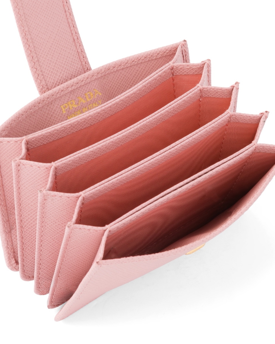 Prada Saffiano Leather Card Holder in pink opened up