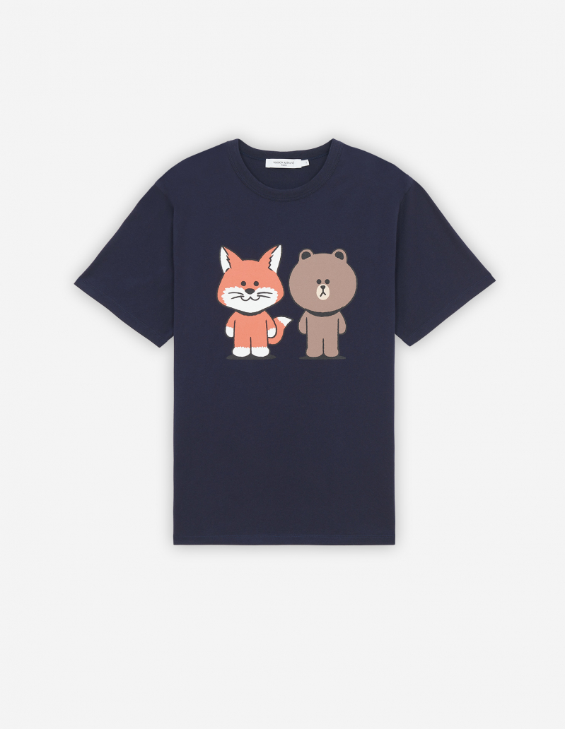 Maison Kitsuné x LINE FRIENDS t-shirt in green with Brown posing