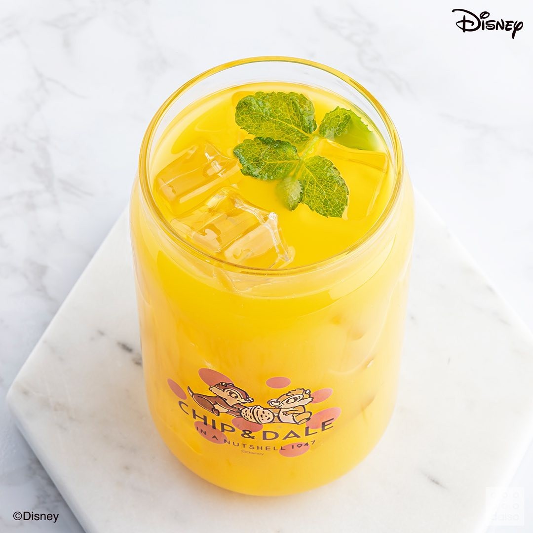 Daiso x Disney Chip 'n'Dale Can-Shaped Glass with orange juice