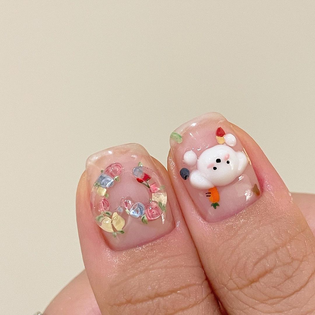 colourful korean style nail art with poodle design