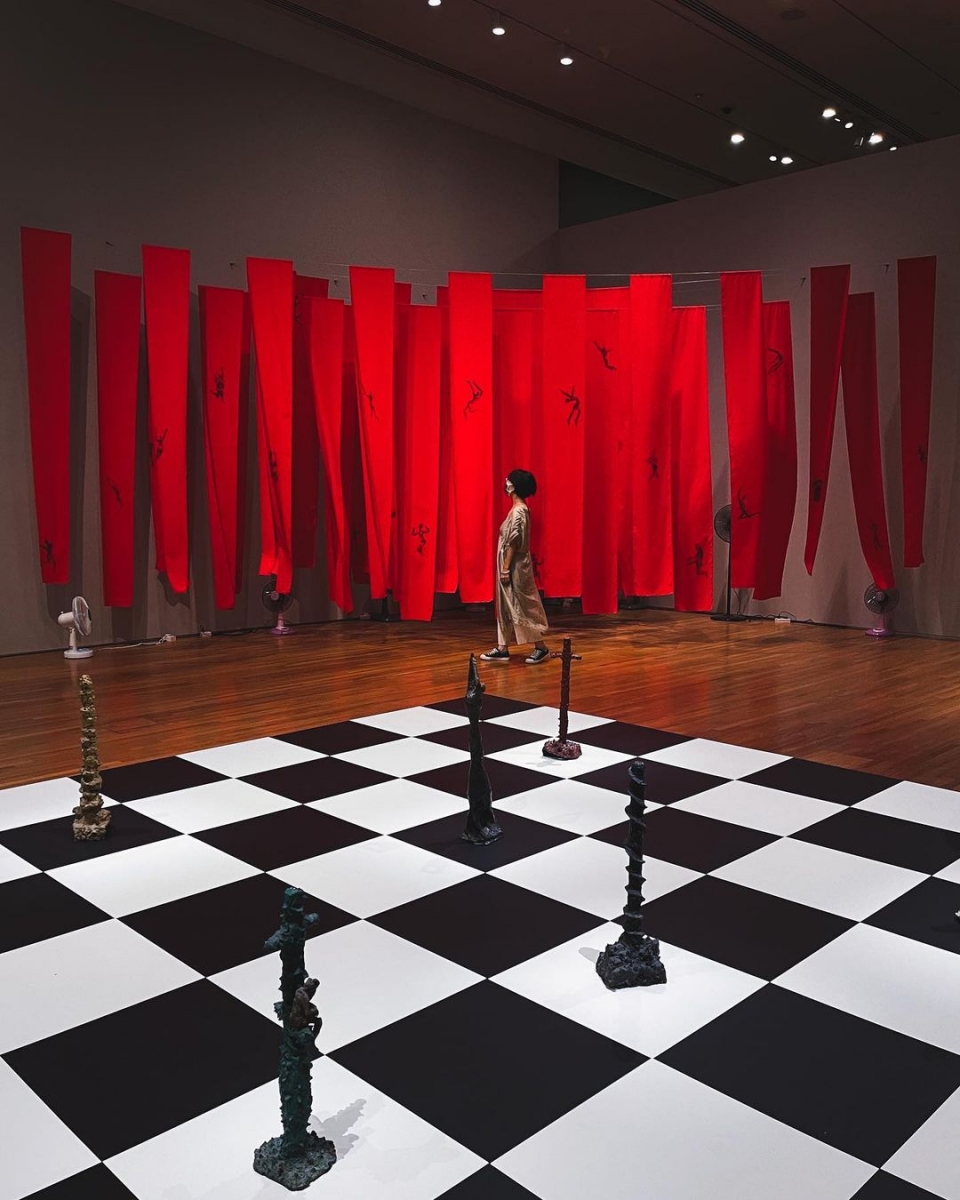 national gallery singapore red and checkered floor exhibition