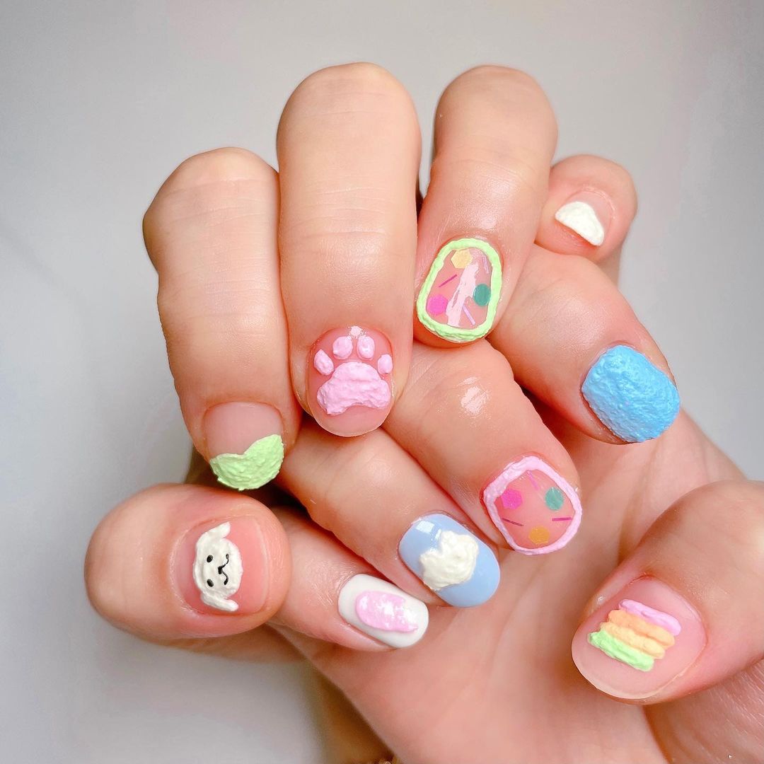 colourful textured korean style nail art