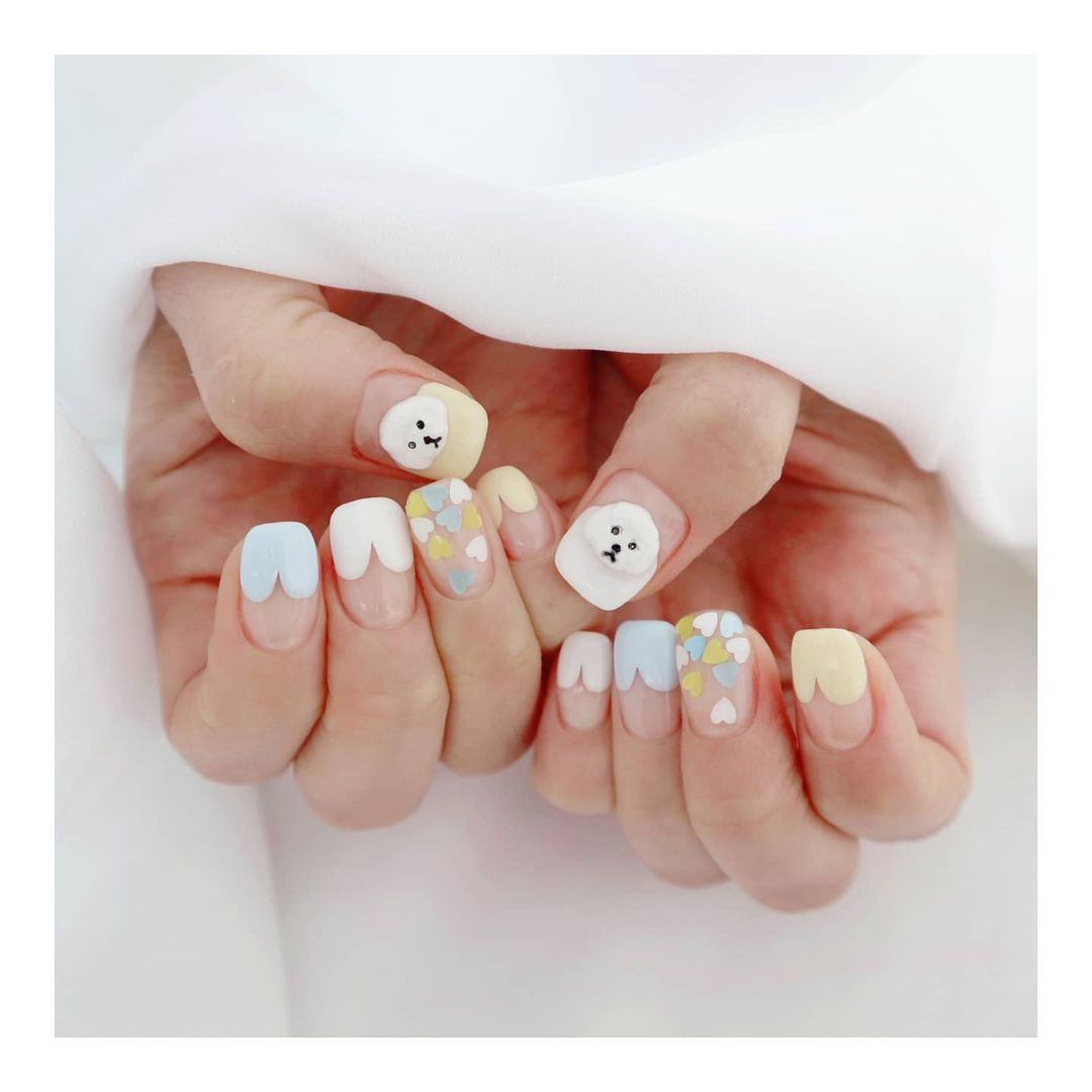 pastel hearts Bichon Frise nail art