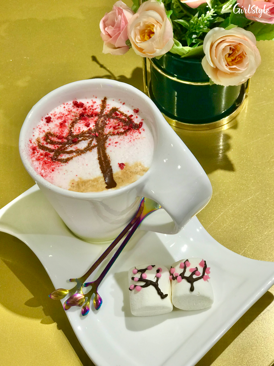 sakura latte and marshmellows at lalaland cafe sembawang shopping centre singapore