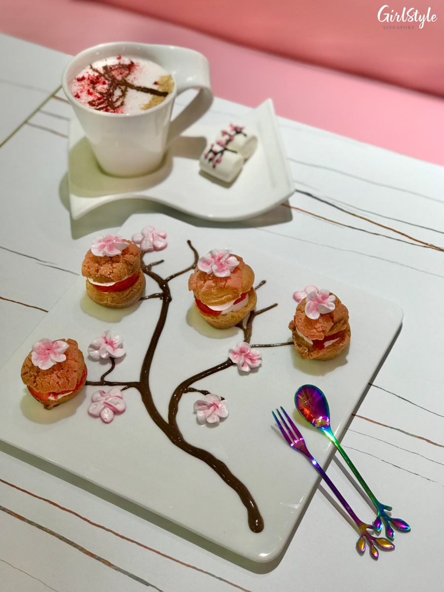sakura choux pastry and latte at lalaland cafe sembawang shopping centre singapore