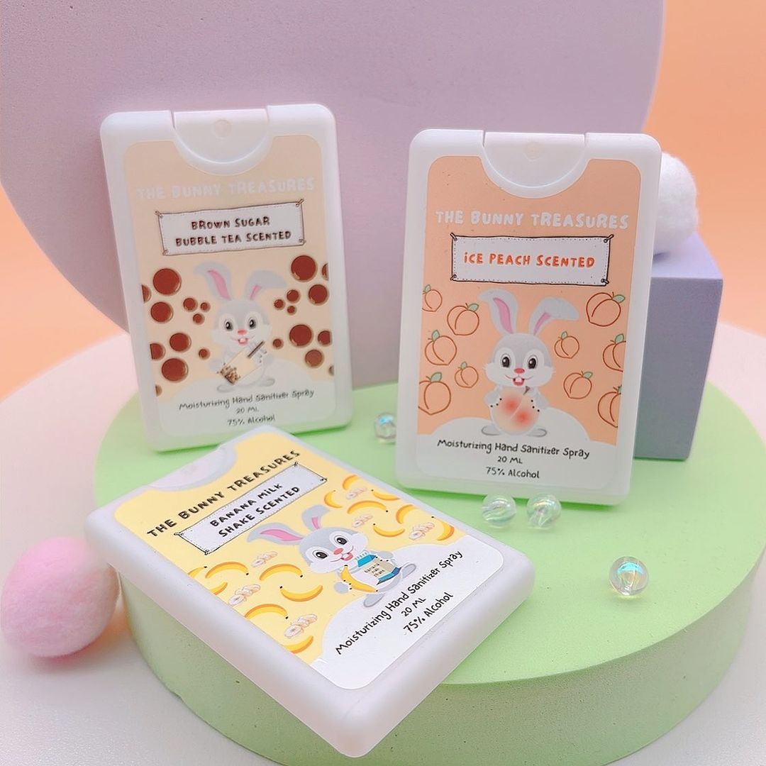The Bunny Treasures hand sanitisers singapore in bubble tea, banana milk and ice peach flavours