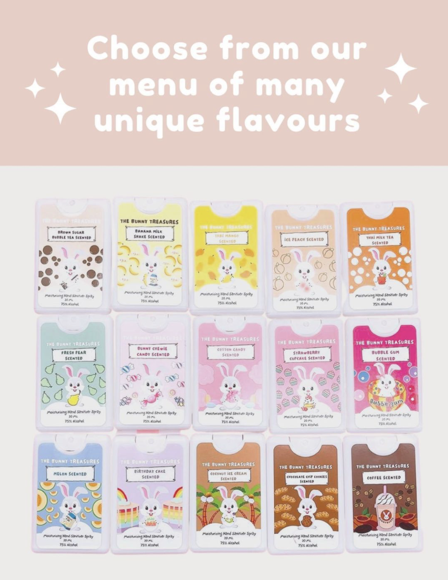The Bunny Treasures hand sanitisers in 15 flavours singapore